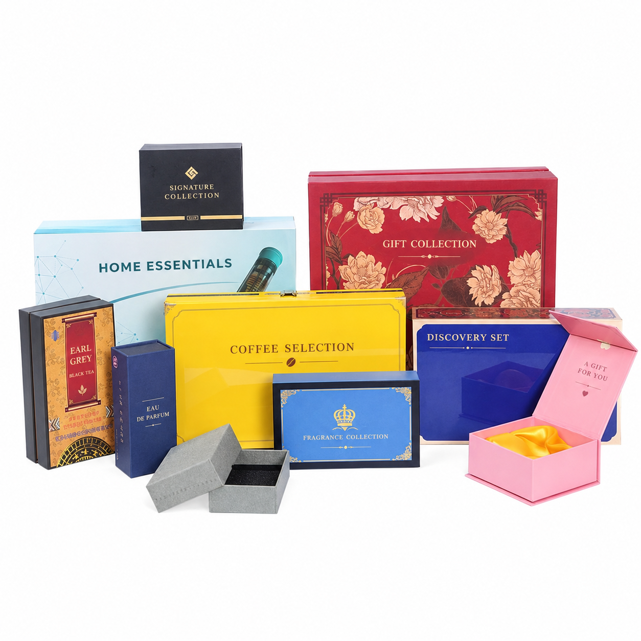 Assorted paperboard packaging formats with coordinated English print designs.