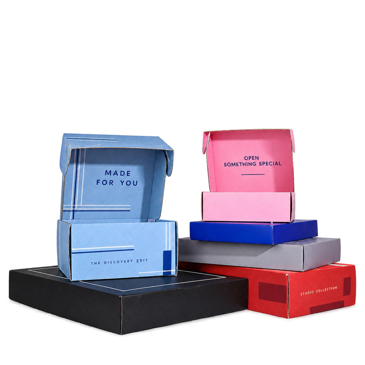 Open and closed printed paperboard boxes showing different packaging formats.