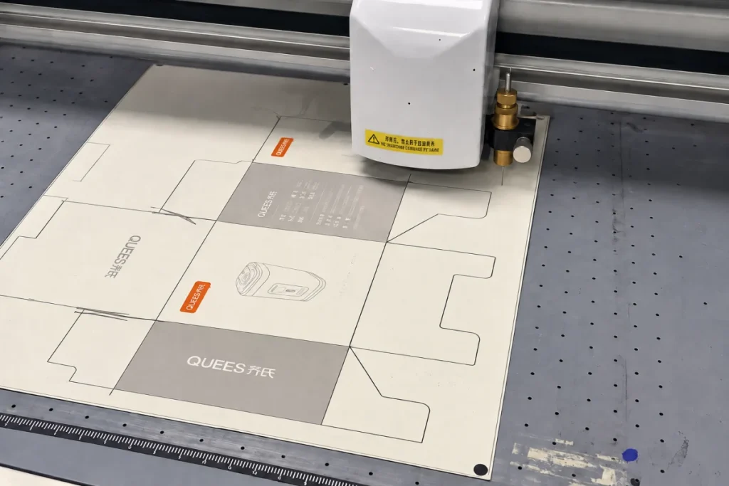A sample cutting machine working on a printed carton layout.