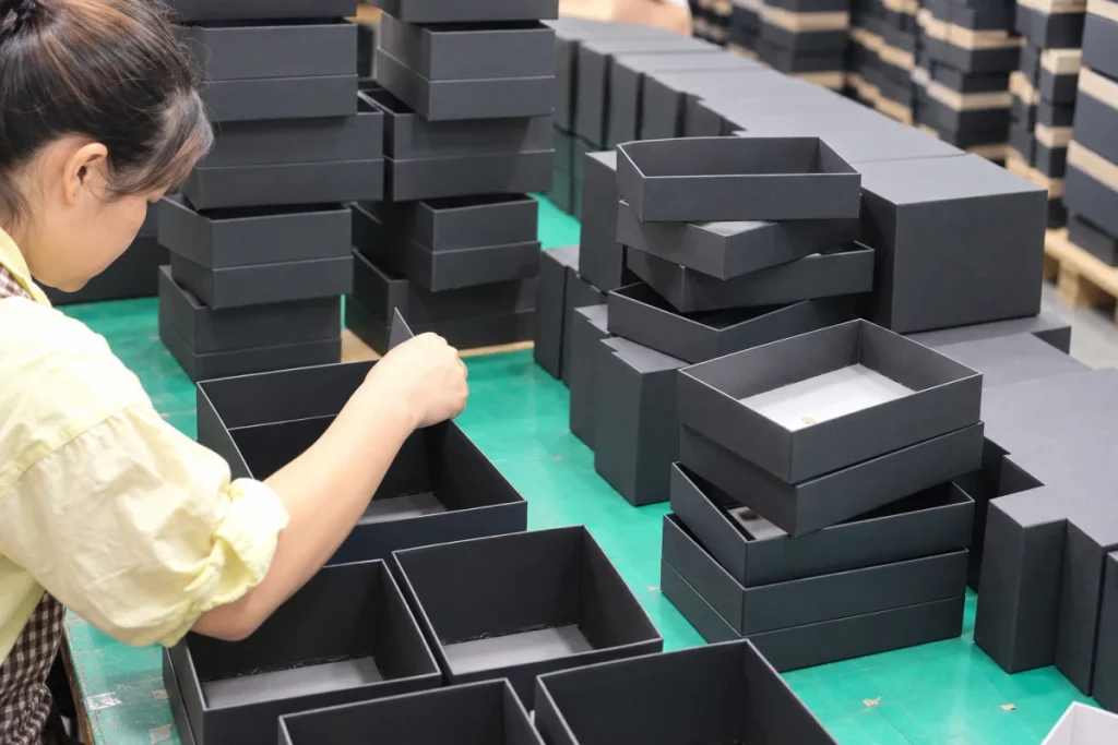 Checking the assembly of dark paper gift boxes at a worktable.