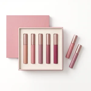 Top view of the dusty rose lip gloss box with a five-slot insert