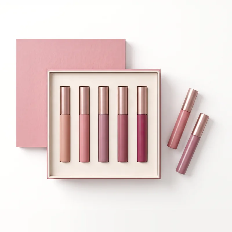 Top view of the dusty rose lip gloss box with a five-slot insert