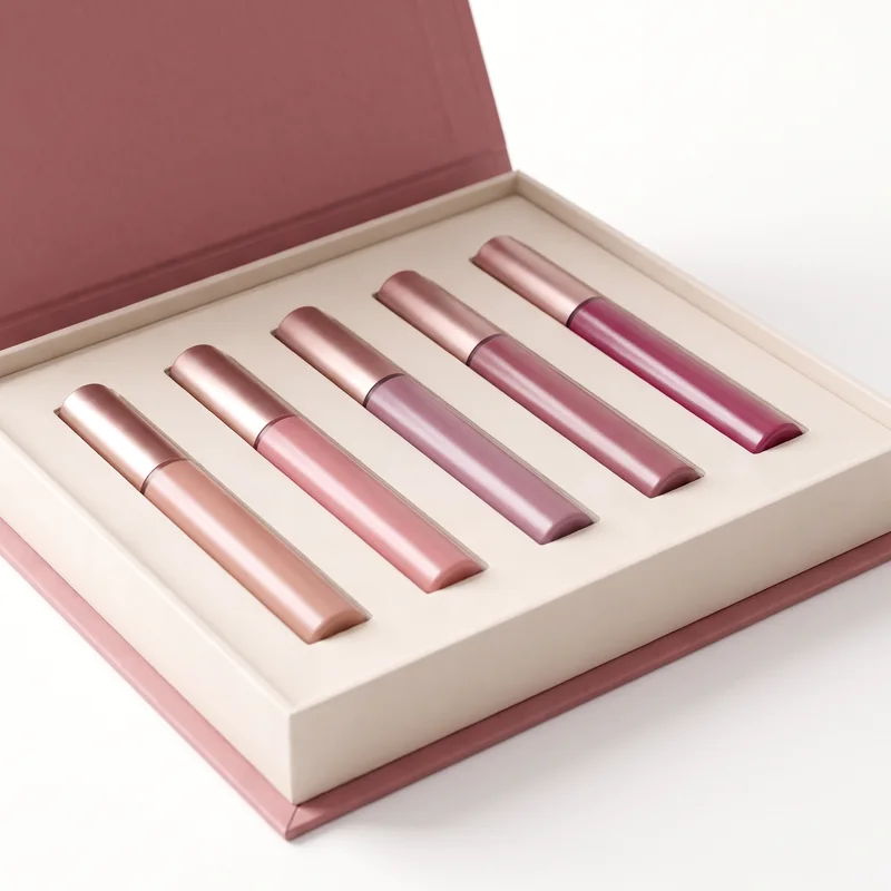 Close-up of the ivory five-slot insert holding lip gloss tubes