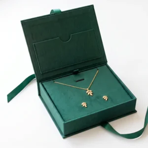 Open emerald jewelry box with a card holder in the lid