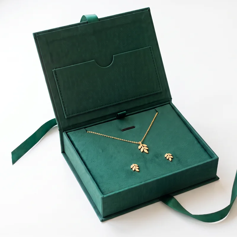 Open emerald jewelry box with a card holder in the lid
