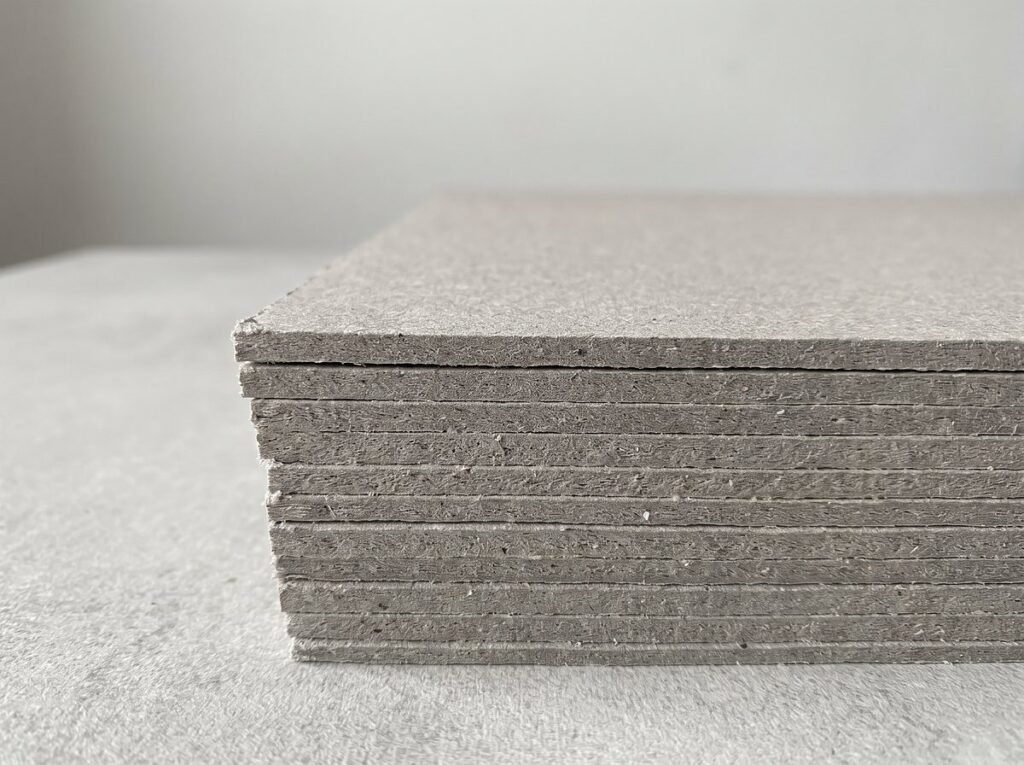 Stack of grey chipboard for rigid boxes