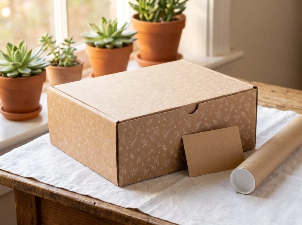Printed kraft mailer box on a linen cloth