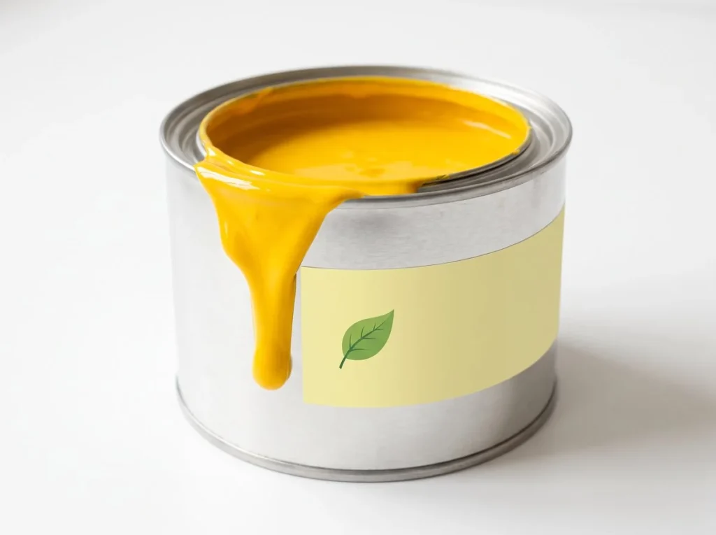 Can of yellow soy-based printing ink with a leaf label