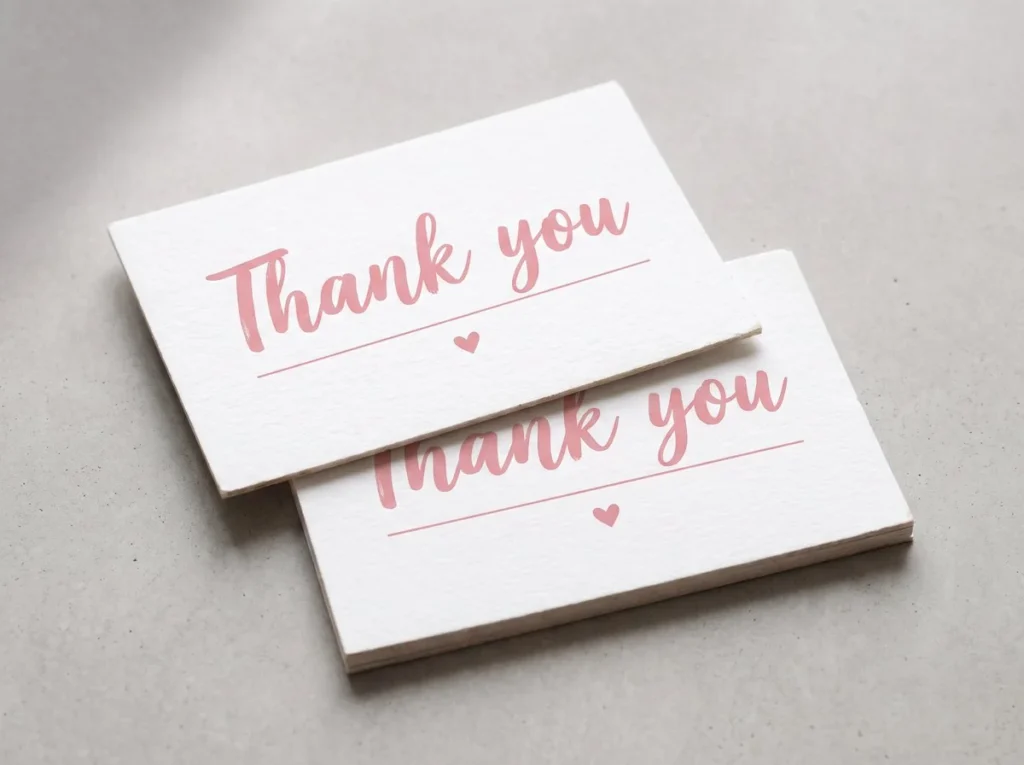 Two printed thank-you cards with pink script lettering
