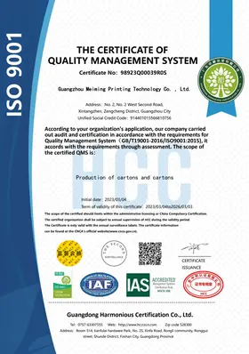 ISO 9001 quality management system certificate for carton and box production (preview)